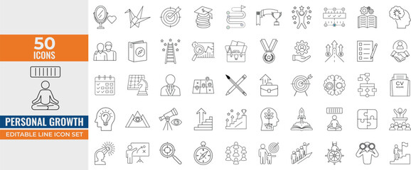 Personal Growth Line Icon Set – Vision, Creativity, Leadership, Success, Career Development, Coaching, Strategy – Editable Vector Illustration
