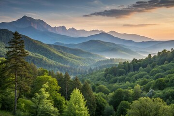 Fototapeta premium Majestic Sunrise Mountain Landscape 4K Panoramic View of Forests and Peaks