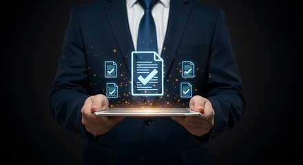 A Businessman Holding a Tablet Showing Approved Documents Digital Workflow and Document Management Solution
