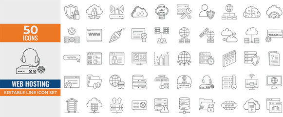 Web Hosting Line Icon Set – Editable Stroke Vector Illustrations of Server, Cloud Computing, Internet, SSL, FTP, Domain, Firewall and Website Management