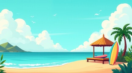 Naklejka premium Tropical Beach Scene with Surfboards