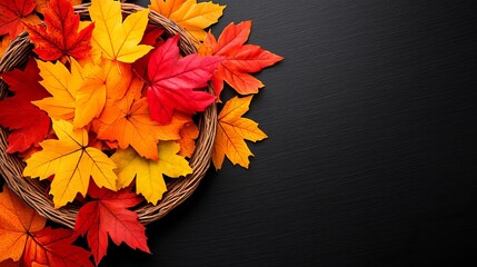 Autumn leaves fill a wicker basket on a dark textured surface, displaying vibrant seasonal colors.