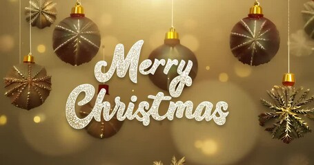 "Merry Christmas" glitter text with gold ornaments and festive background, joyful holiday greeting celebration design concept - Powered by Adobe