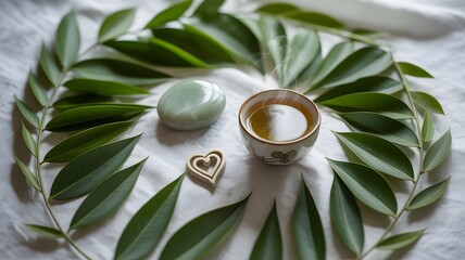 Heart Chakra (Anahata) – Green Nature Overhead Flatlay, Herbal tea, stones, and leaves on white cloth