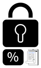 Large padlock, percentage icon, and contract emphasize protection, agreements, finance, confidentiality, compliance, and accountability. Ideal for legal financial business security privacy