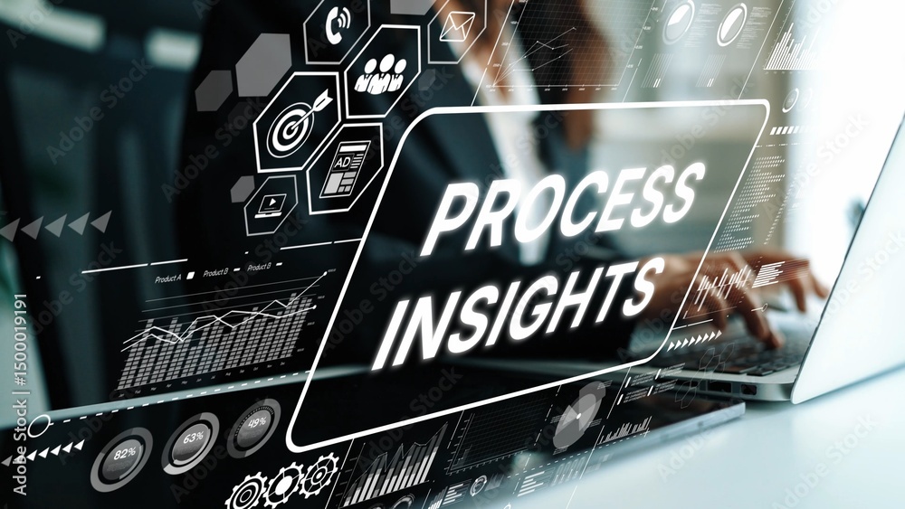 Poster digital business process insights and analysis with data visualizations and charts on laptop screen.