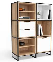 Wooden and metal cabinet in loft style for clothes, books and accessories