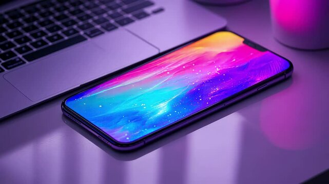 modern vibrant smartphone rests next to laptop on table with colorful screen display against purple background