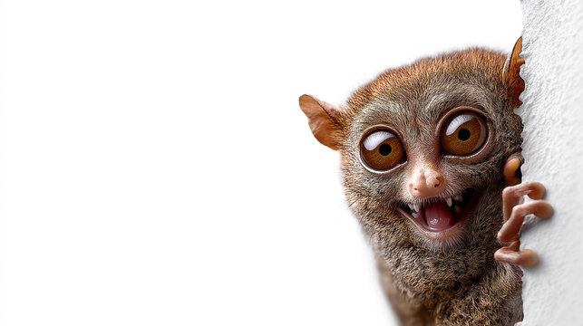 Tarsier in artistic pose on white background with copy space, isolated primate perfect for wildlife education, exotic animal art, or conservation-themed design projects