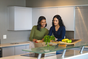 Unpacking groceries, Diverse female friends using glass island in kitchen, with herbs and fruit