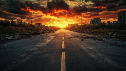 Desolate road at sunset, apocalyptic landscape
