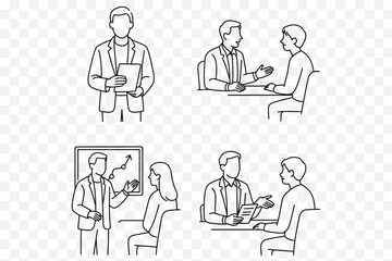 Business Coaching & Consultation Line Art Set – Corporate Strategy and Client Meeting Vectors
