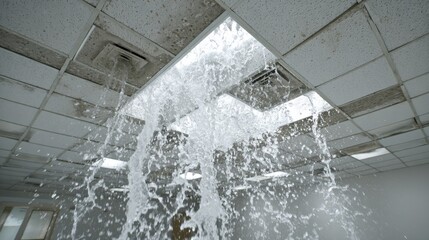 Water pouring through ceiling tiles, creating streams and splashes indoors.