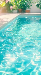 Sunlit poolside scene; clear turquoise water, gentle ripples, lush greenery in background