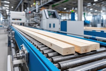 Wooden planks move on a conveyor, in a woodworking factory, during processing.