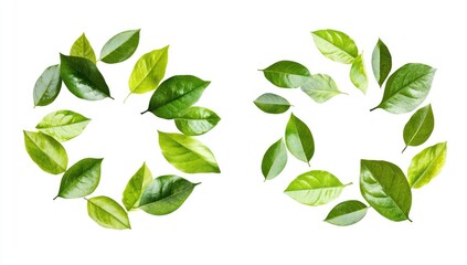 Naklejka premium Two circular arrangements of vibrant green leaves on white background