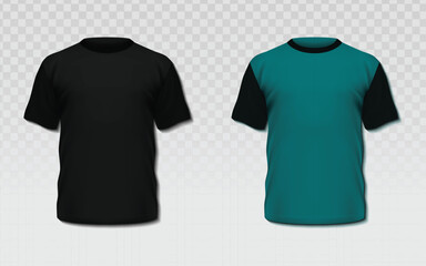 realistic blank short-sleeved t-shirt mockups in black and teal. Ideal for apparel design, branding, and product presentation.