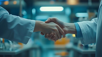 Two scientists shake hands, signifying collaboration and partnership in a modern lab setting