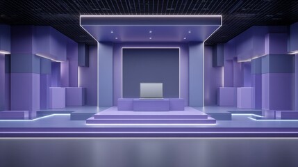 Modern purple stage design with laptop presentation illuminated with led lighting