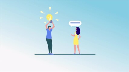 2D animated business scene with man presenting light bulb idea to woman. Great for explainer videos, teamwork, brainstorming, and corporate communication content