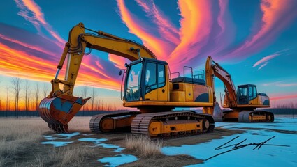 Two yellow excavators parked outdoors at sunset.  Vibrant, colorful clouds and a muted landscape are visible
