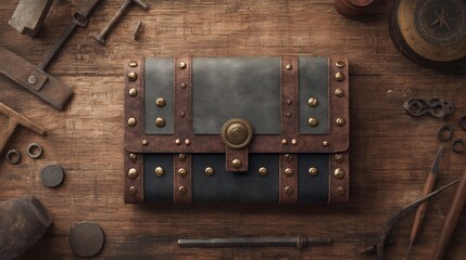 Fototapeta premium Overhead view of antique leather wallet surrounded by vintage carpentry tools on wood