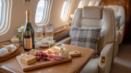 Luxurious in-flight dining with champagne and charcuterie aboard private jet
