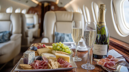 Luxurious private jet interior with gourmet cheese platter and champagne
