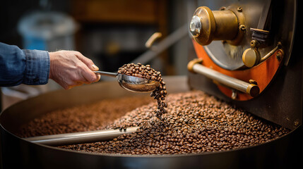 Caucasian male roasting coffee beans in traditional roaster machine for fresh aromatic brew