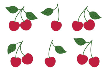 Set of red berries and green leaves of cherry. Hand drawn cherries. Isolated vector illustration.