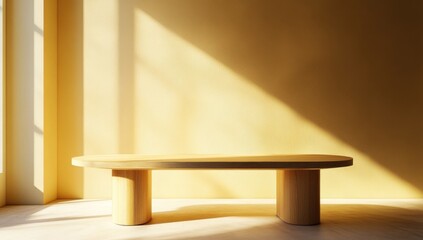 Beige room, oval wooden bench, sunbeams