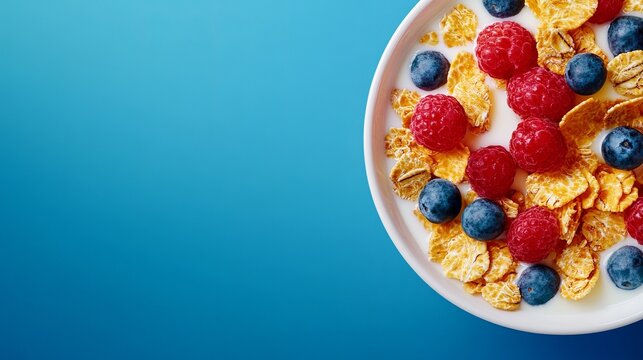 Breakfast cereal sits in a white bowl with milk, raspberries, and blueberries on a bright blue background.