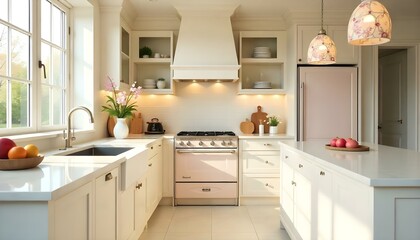 Luxury contemporary kitchen with marble countertops, high-end appliances, and pendant lighting 