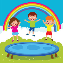 A cheerful illustration of three happy children jumping on a trampoline with a rainbow and clouds in the background.