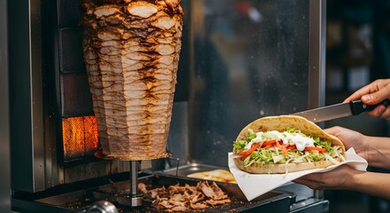A close up shot of a kebab being prepared with meat vegetables and sauce in a pita bread wrap