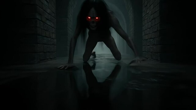 Horror Demon-Like Entity Crawling Toward the Viewer in a Creepy Corridor