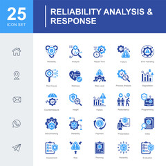 A focused icon set on analyzing, evaluating, and responding to system failures and risks in reliability management, including diagnostics, insights, and root cause analysis.