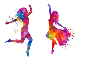 Watercolor dancers colorful, silhouettes of dancing women vibrant and artistic