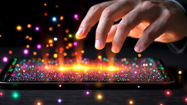 Digital Magic: A Hand Interacting with Luminous Particles on a Tablet