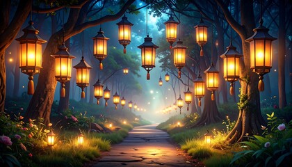 Enchanted Forest Path with Lanterns.