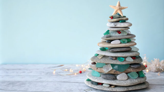 holiday photograph features a Christmas tree fashioned from stacked stones and sea glass, topped with a starfish, ideal for blogs or websites about unique holiday decor, coastal Christmas themes