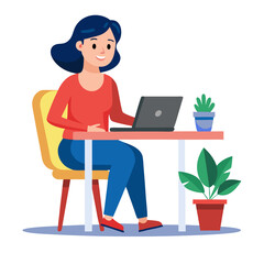 young woman working on laptop,  girl with laptop on the chair on transparent background