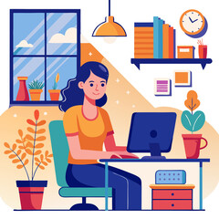 young woman working on laptop,  girl with laptop on the chair on transparent background