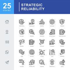 Strategic Reliability icon set for reliability management covering maintenance, dependability, failure prevention, and strategic planning in industrial and operational systems.