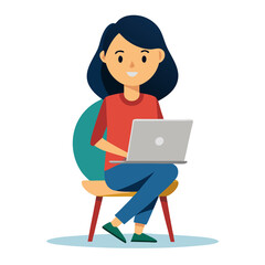 young woman working on laptop,  girl with laptop on the chair on transparent background