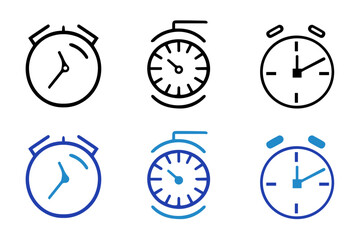 Timers and clock solid and line icon set. Time clocks icons in thin line style. Icons related to clock, stopwatch, hourglass, alarm and more. Vector illustration