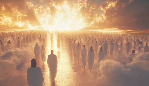 Celestial procession toward a golden light