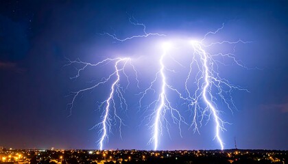 Night Lightning Storm over City.