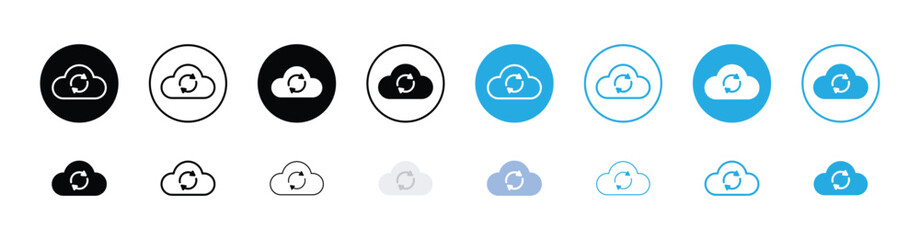 Cloud Sync Icon Set – Flat, Line, and Filled Styles in Black and Blue Variants for Web and App UI"