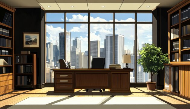 modern office space with black walls, large city view windows, wooden desk with computer monitor, chair, bookshelf, and stylish interior design for workspace, business, and creative environment.